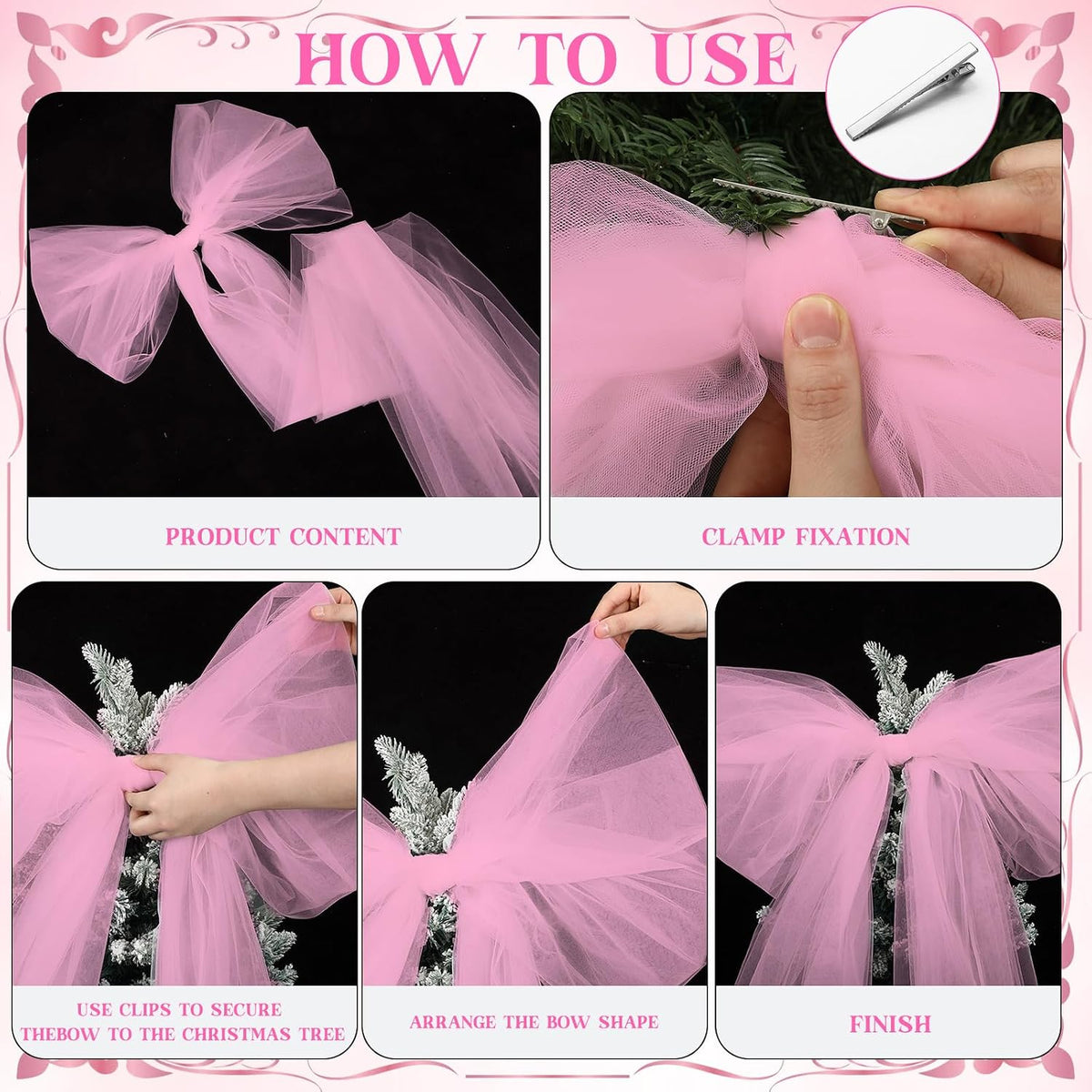 49 Inch Christmas Tree Topper Bow Large Tulle Ribbon,Pink | Fluffy Sheer Tulle with Sparkling Streamers, Giant Bow for Wreath Wall Car Holiday Decor, Wedding Xmas Home Decoration