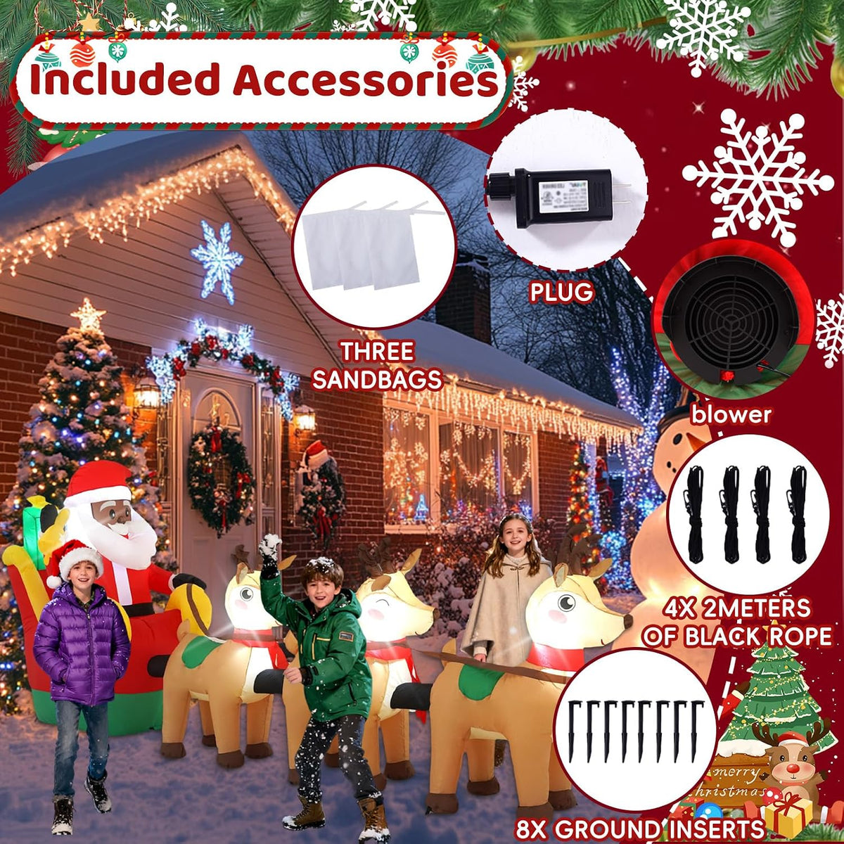 12 FT Sanlu Santa Claus Sleigh Outdoor Inflatable with LED Lights for Christmas Holiday Party Decoration, Winter Garden Decoration
