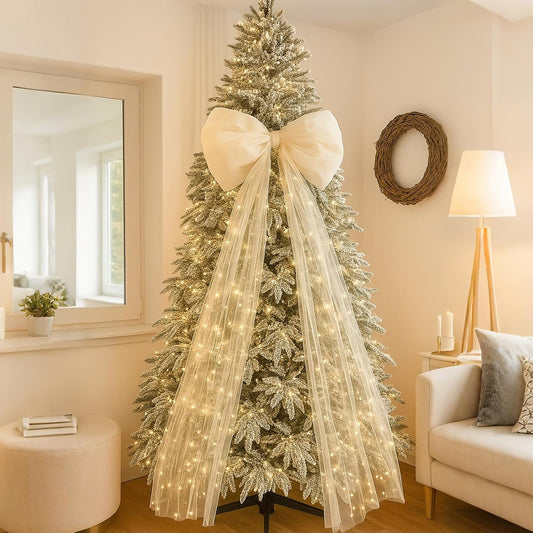49 Inches Christmas Tree Topper Bow Large Fluffy Tulle Christmas Decorations Wreath Bows Giant Wall Decor for Home Wedding Car Holiday Decor Party Supplies (White) | Fluffy Sheer Tulle with Sparkling Streamers, Giant Bow for Wreath Wall Car Holiday Decor, Wedding Xmas Home Decoration