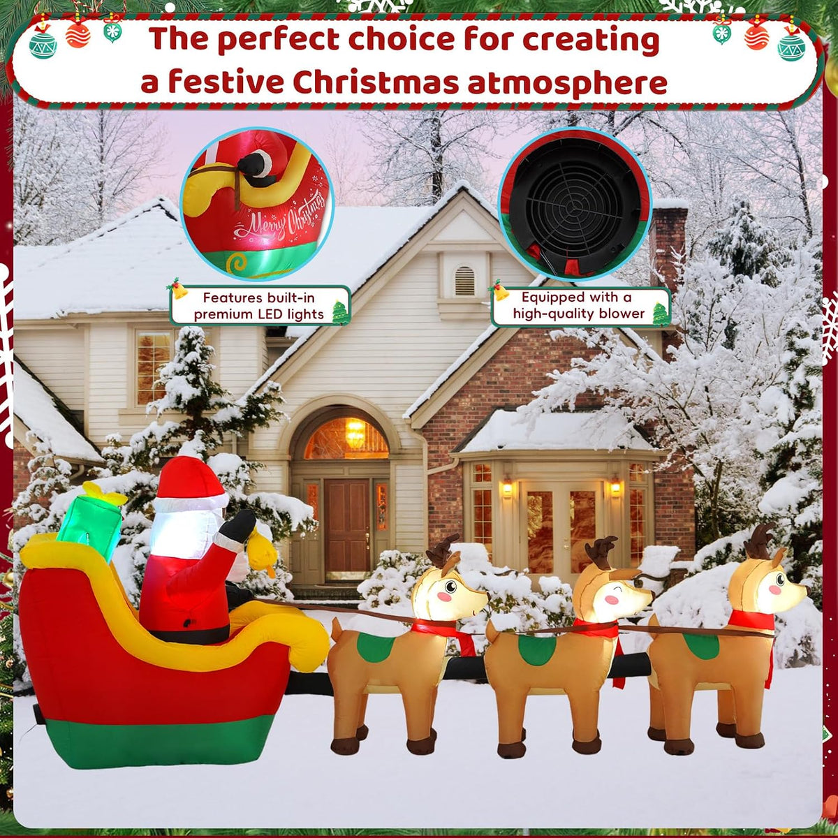 12 FT Sanlu Santa Claus Sleigh Outdoor Inflatable with LED Lights for Christmas Holiday Party Decoration, Winter Garden Decoration