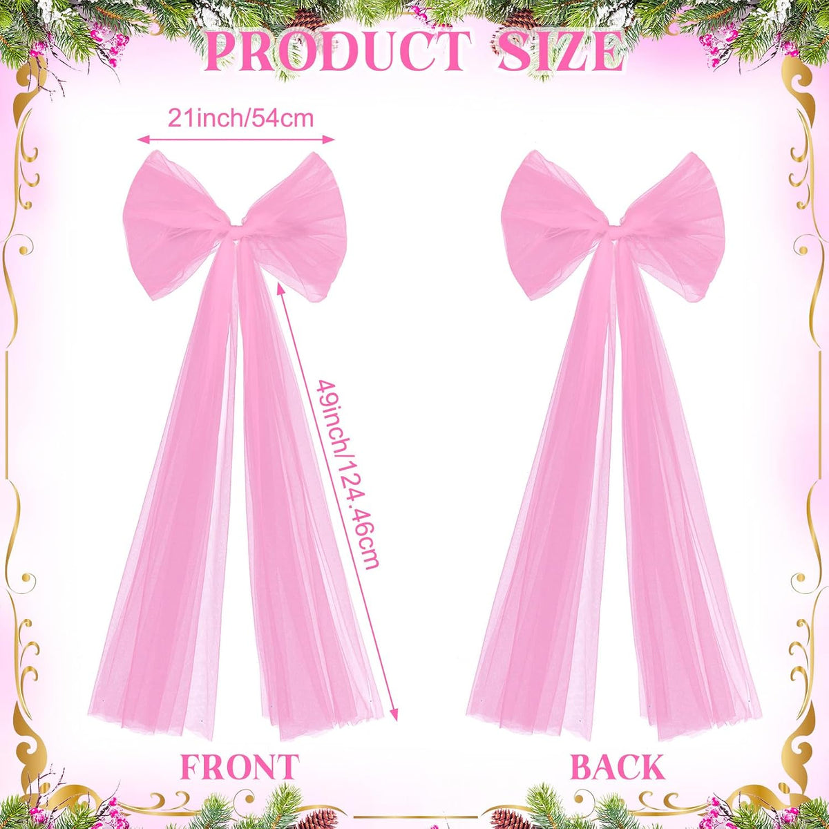 49 Inch Christmas Tree Topper Bow Large Tulle Ribbon,Pink | Fluffy Sheer Tulle with Sparkling Streamers, Giant Bow for Wreath Wall Car Holiday Decor, Wedding Xmas Home Decoration