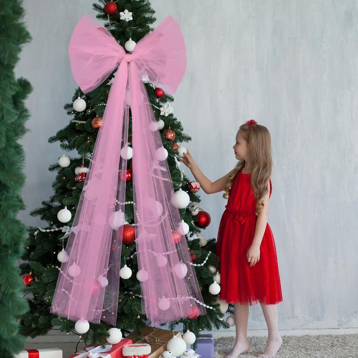 49 Inch Christmas Tree Topper Bow Large Tulle Ribbon,Pink | Fluffy Sheer Tulle with Sparkling Streamers, Giant Bow for Wreath Wall Car Holiday Decor, Wedding Xmas Home Decoration