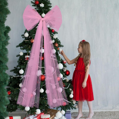 49 Inch Christmas Tree Topper Bow Large Tulle Ribbon,Pink | Fluffy Sheer Tulle with Sparkling Streamers, Giant Bow for Wreath Wall Car Holiday Decor, Wedding Xmas Home Decoration