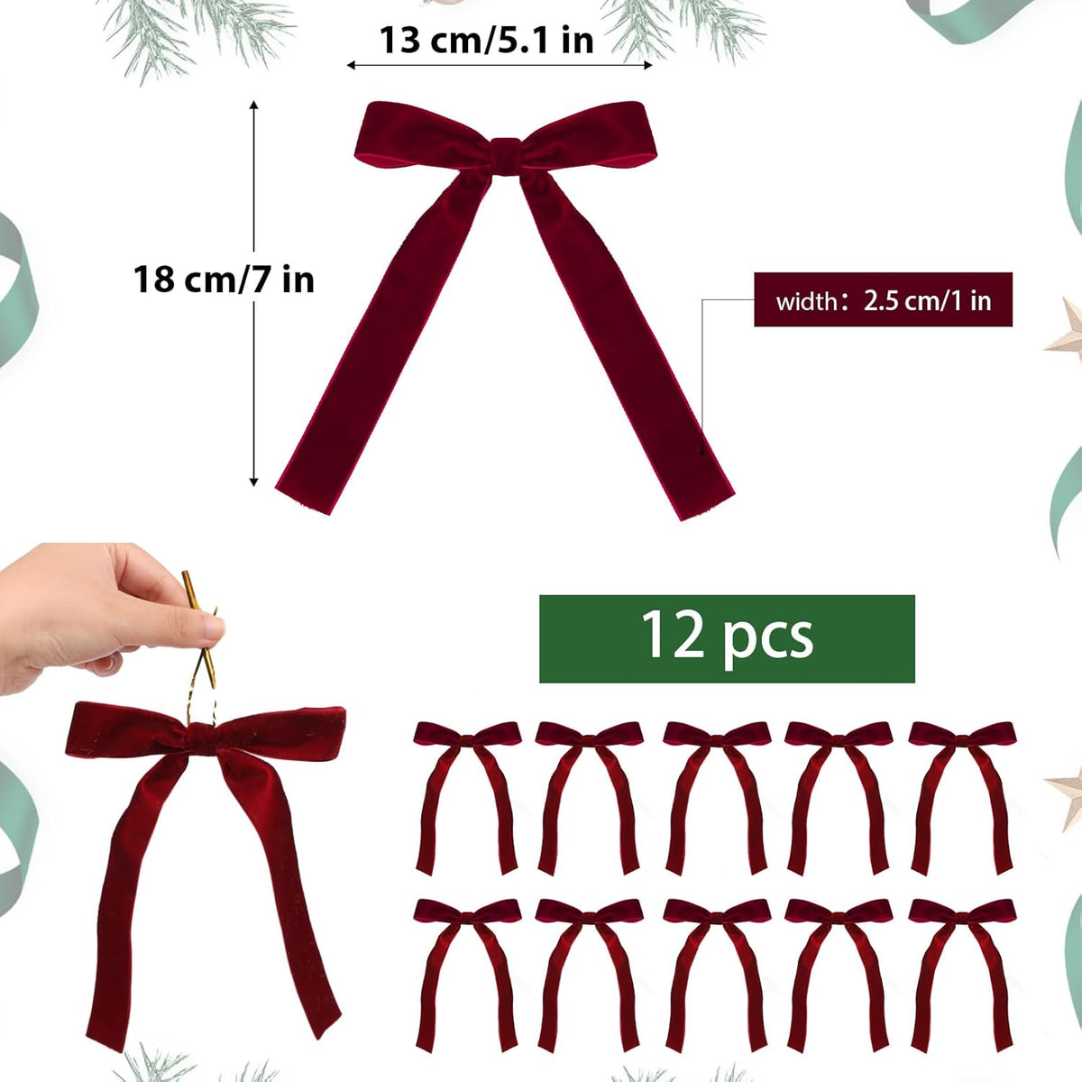 12 Pcs Wine Red Velvet Christmas Bows with Twist Ties for Christmas Tree Decorations Christmas Decorative Bows Xmas Ornament