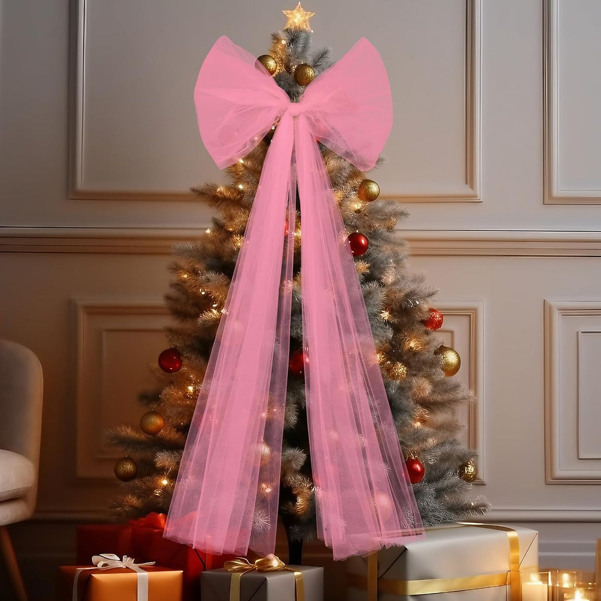 49 Inch Christmas Tree Topper Bow Large Tulle Ribbon,Pink | Fluffy Sheer Tulle with Sparkling Streamers, Giant Bow for Wreath Wall Car Holiday Decor, Wedding Xmas Home Decoration