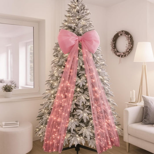 49 Inch Christmas Tree Topper Bow Large Tulle Ribbon,Pink | Fluffy Sheer Tulle with Sparkling Streamers, Giant Bow for Wreath Wall Car Holiday Decor, Wedding Xmas Home Decoration