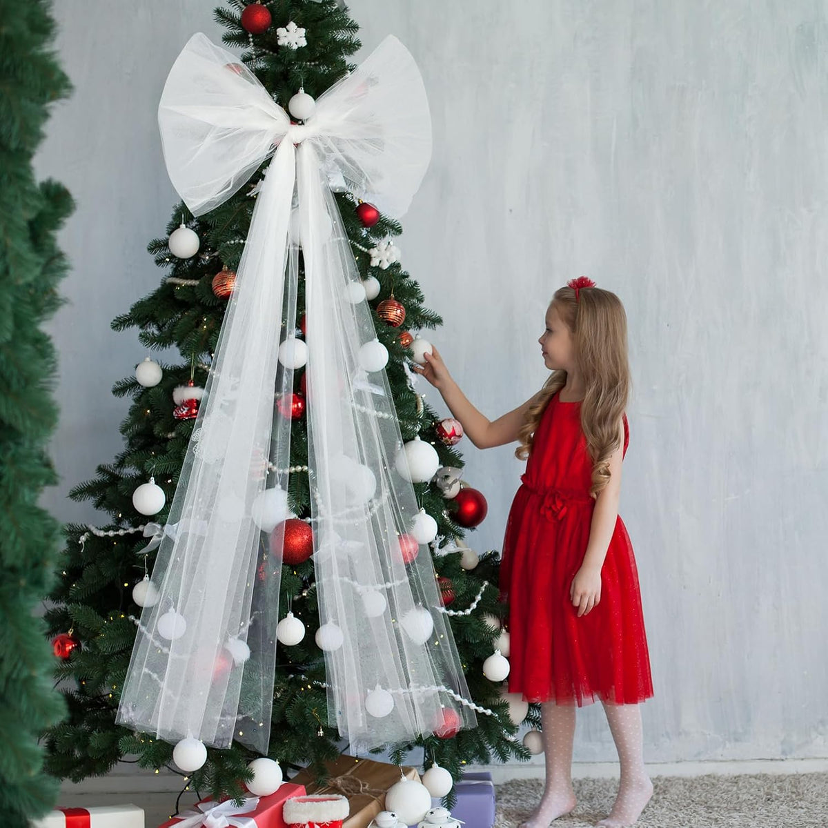 49 Inches Christmas Tree Topper Bow Large Fluffy Tulle Christmas Decorations Wreath Bows Giant Wall Decor for Home Wedding Car Holiday Decor Party Supplies (White) | Fluffy Sheer Tulle with Sparkling Streamers, Giant Bow for Wreath Wall Car Holiday Decor, Wedding Xmas Home Decoration