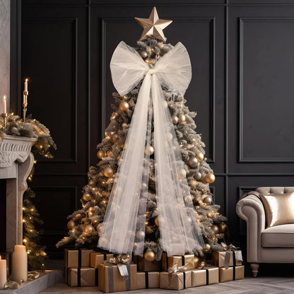 49 Inches Christmas Tree Topper Bow Large Fluffy Tulle Christmas Decorations Wreath Bows Giant Wall Decor for Home Wedding Car Holiday Decor Party Supplies (White) | Fluffy Sheer Tulle with Sparkling Streamers, Giant Bow for Wreath Wall Car Holiday Decor, Wedding Xmas Home Decoration