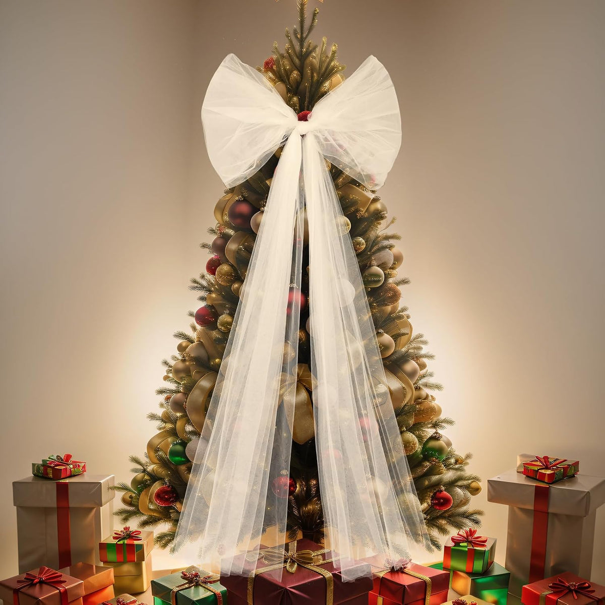 49 Inches Christmas Tree Topper Bow Large Fluffy Tulle Christmas Decorations Wreath Bows Giant Wall Decor for Home Wedding Car Holiday Decor Party Supplies (White) | Fluffy Sheer Tulle with Sparkling Streamers, Giant Bow for Wreath Wall Car Holiday Decor, Wedding Xmas Home Decoration
