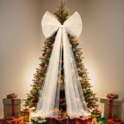 49 Inches Christmas Tree Topper Bow Large Fluffy Tulle Christmas Decorations Wreath Bows Giant Wall Decor for Home Wedding Car Holiday Decor Party Supplies (White) | Fluffy Sheer Tulle with Sparkling Streamers, Giant Bow for Wreath Wall Car Holiday Decor, Wedding Xmas Home Decoration