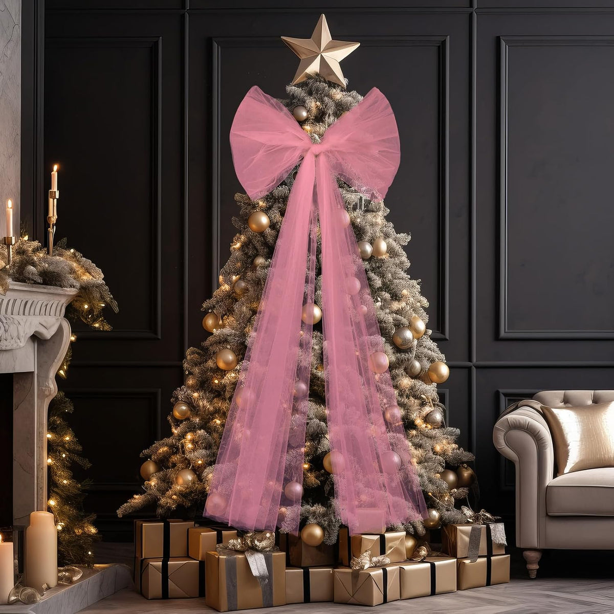 49 Inch Christmas Tree Topper Bow Large Tulle Ribbon,Pink | Fluffy Sheer Tulle with Sparkling Streamers, Giant Bow for Wreath Wall Car Holiday Decor, Wedding Xmas Home Decoration