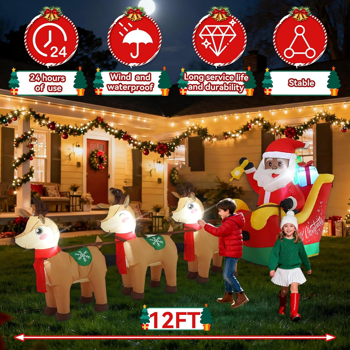 12 FT Sanlu Santa Claus Sleigh Outdoor Inflatable with LED Lights for Christmas Holiday Party Decoration, Winter Garden Decoration